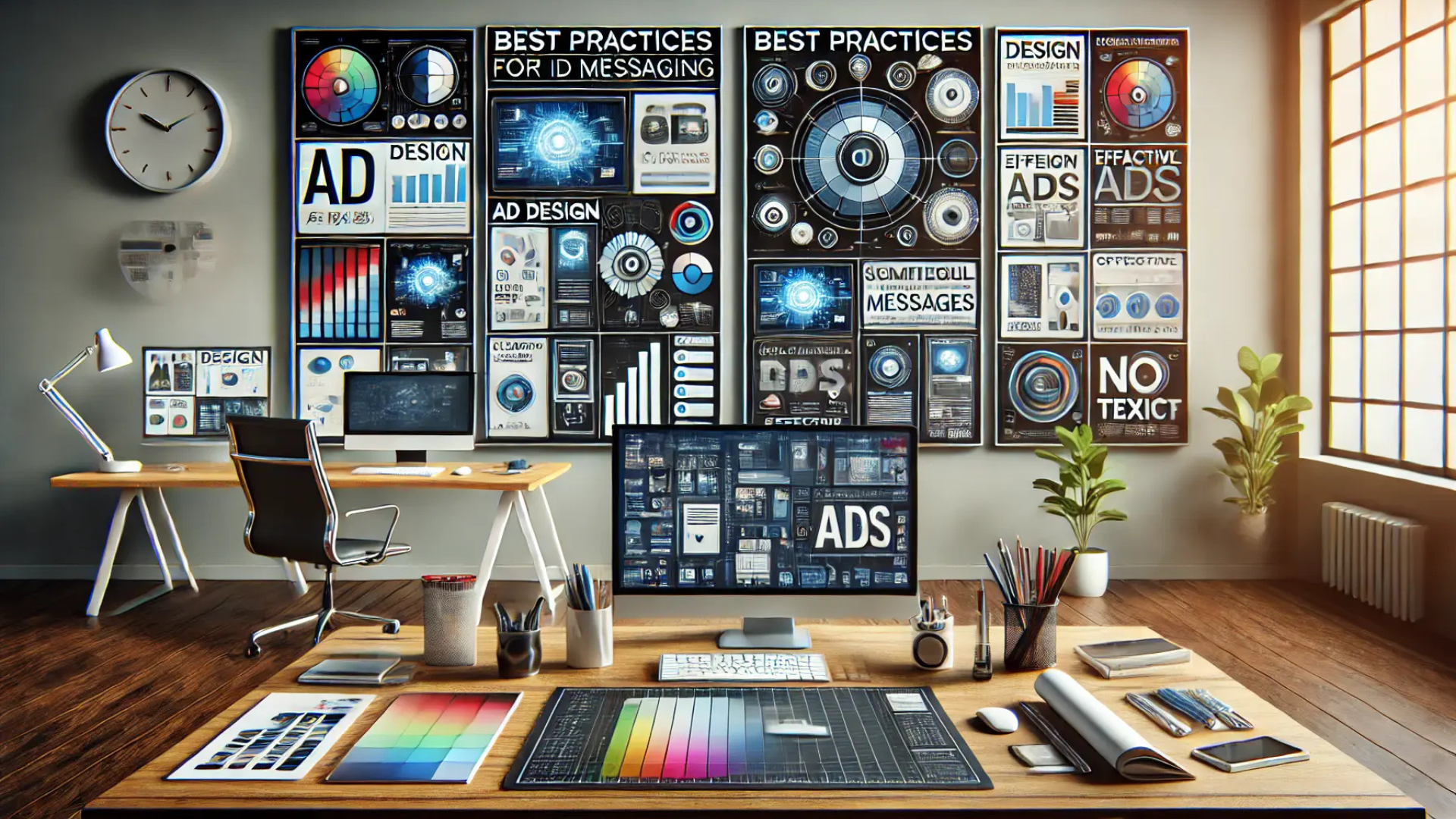Ad design workspace with 'Best Practices' that convert with posters and computer setup.