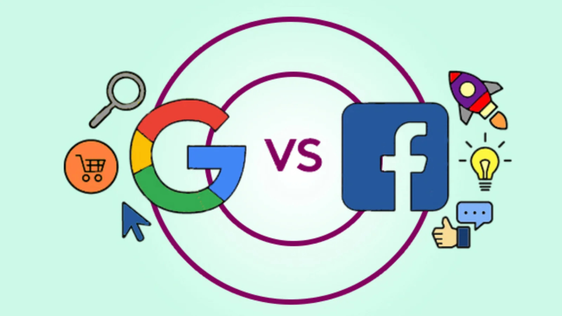 Google Ads logo with search/shopping icons vs Facebook Ads megaphone with audience/engagement icons