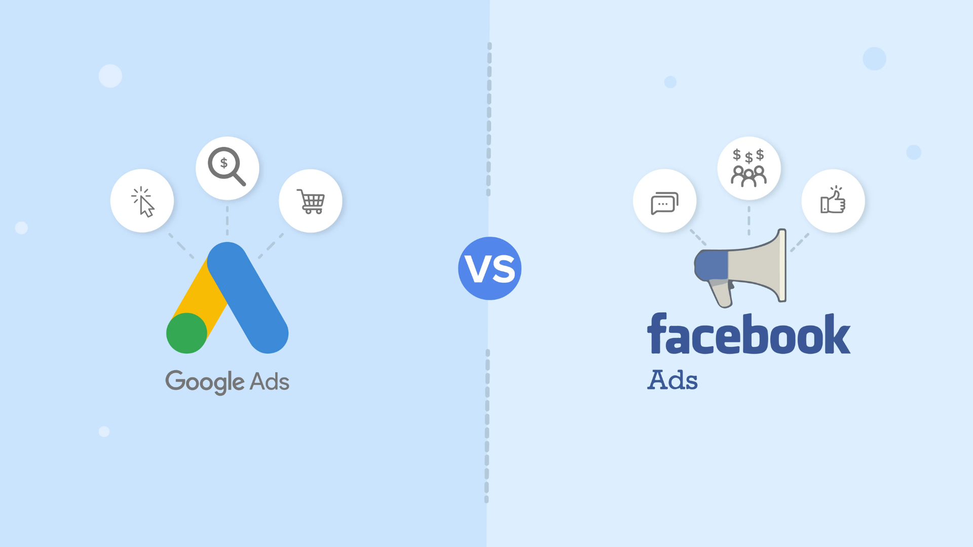 Google Ads 'G' logo vs Facebook Ads 'f' logo surrounded by platform-specific marketing icons