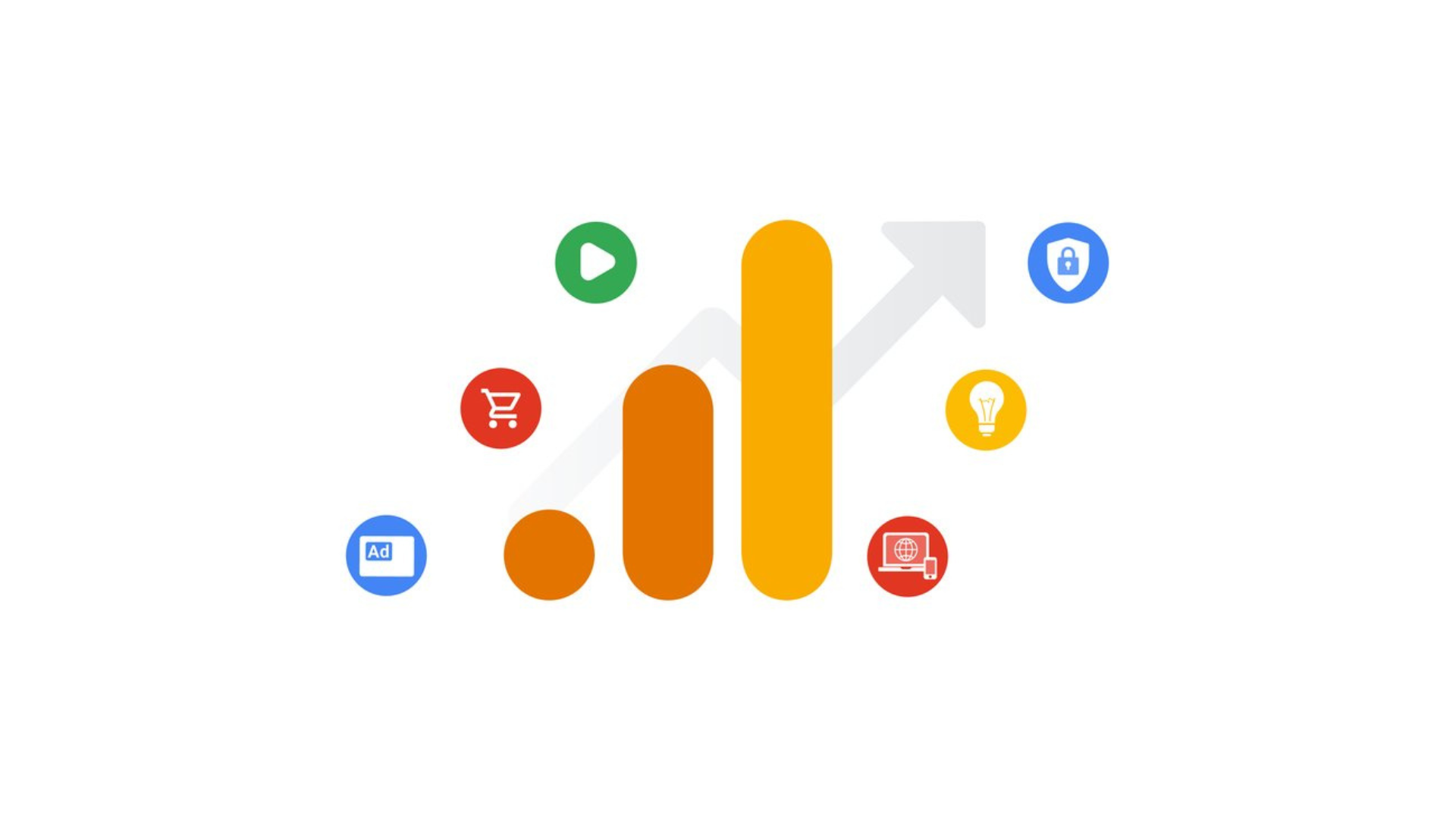 Google Analytics 4 (GA4) log, icons representing data points like ads, e-commerce, video, and web traffic