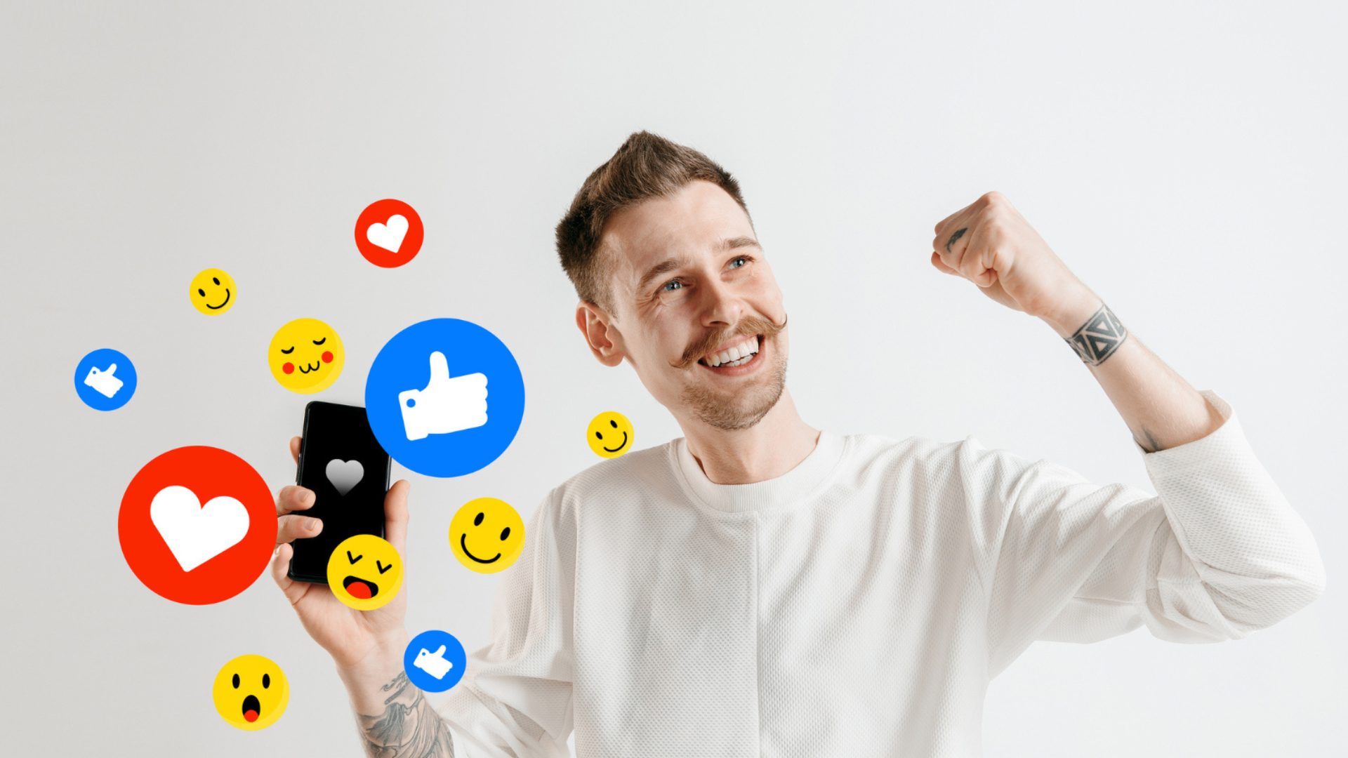 Man with smartphone and social media icons showing positive branding