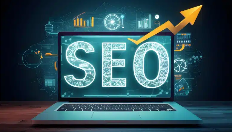 A laptop showing an illustration of SEO for beginners
