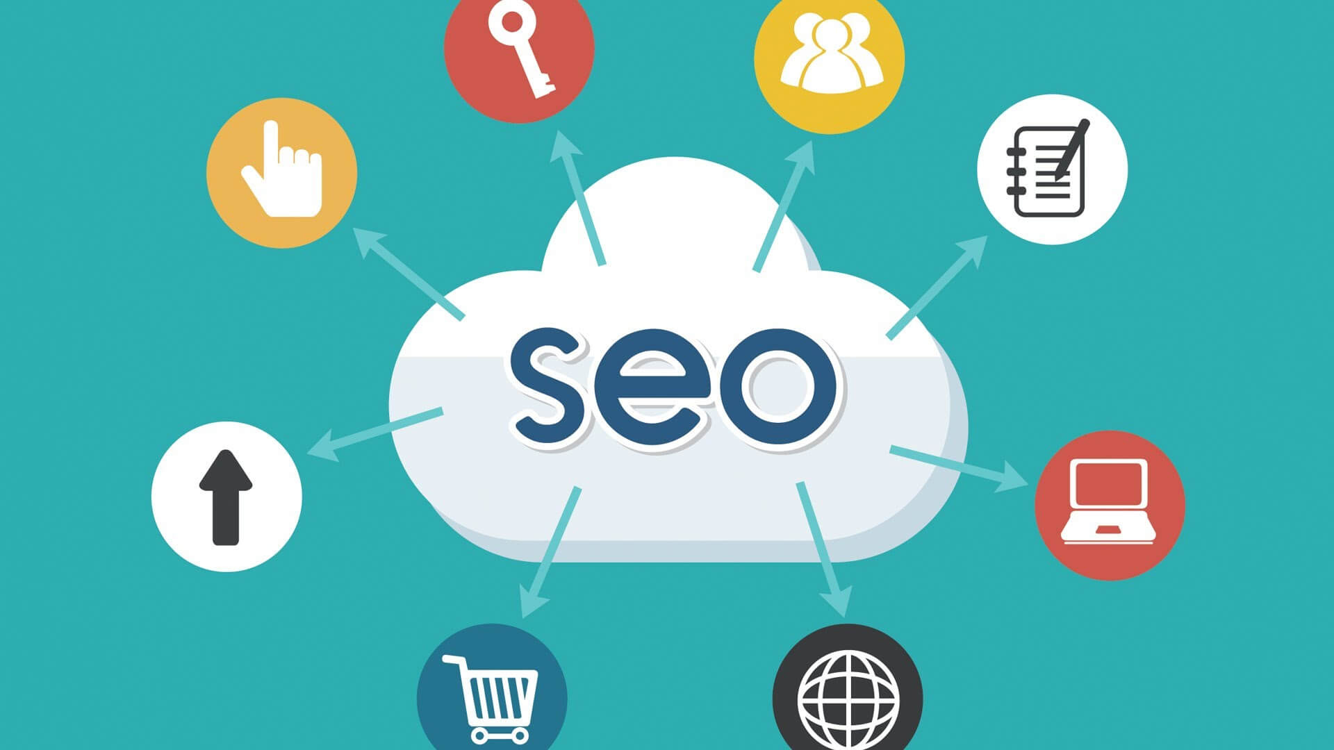 SEO cloud surrounded by icons representing core search optimization services